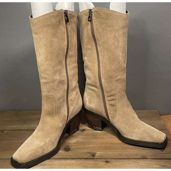 Vince Camuto Women's Babellie Mid Calf Boots Size 9 Taupe Suede Cowboy Western - Picture 5 of 16